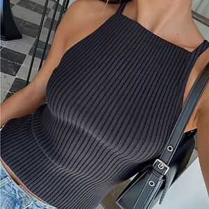 Ribbed Black Halter Top
